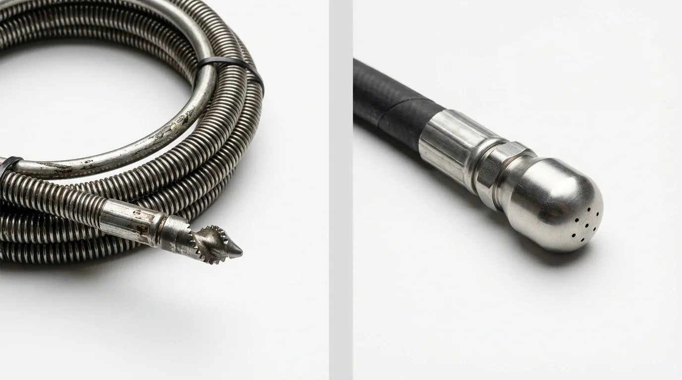 Drain snake cable and hydro jetting nozzle used for drain cleaning in Athena, OR