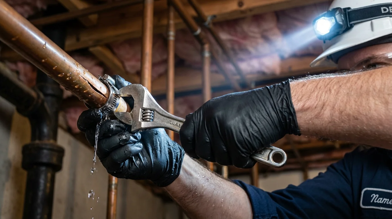 Emergency pipe clamp repair being performed by a Johns Plumbing LLC plumber in Athena