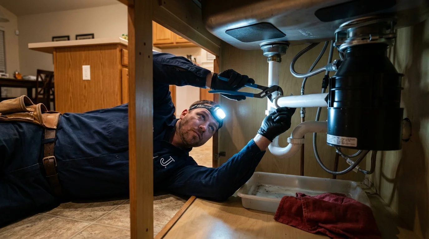 P-trap and supply line connections under a kitchen sink showing a common leak point in Athena, OR